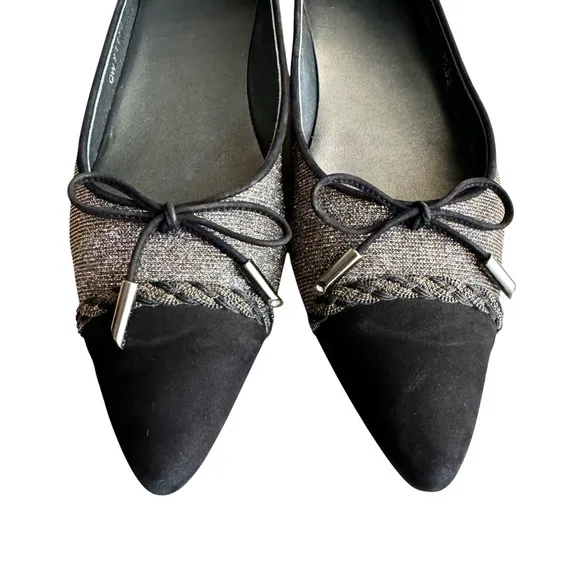 Stuart Weitzman Metallic Silver Ballet Flats Black Cap Toe Bow Detail Shoes