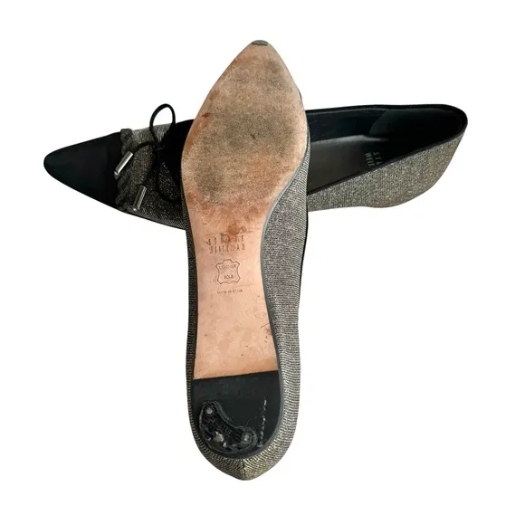 Stuart Weitzman Metallic Silver Ballet Flats Black Cap Toe Bow Detail Shoes