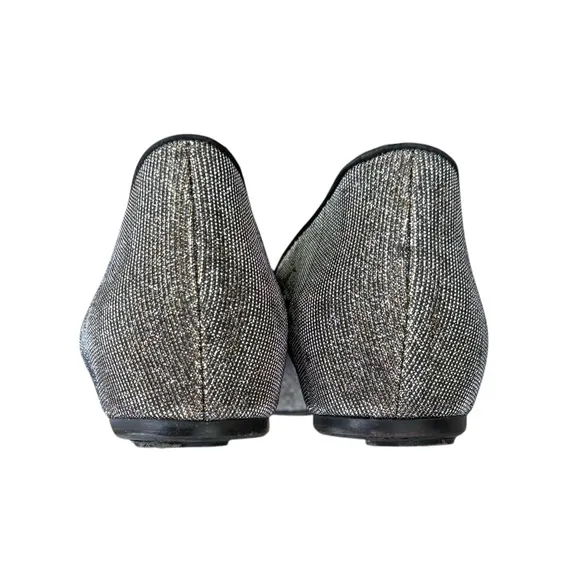 Stuart Weitzman Metallic Silver Ballet Flats Black Cap Toe Bow Detail Shoes