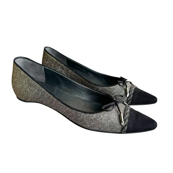 Stuart Weitzman Metallic Silver Ballet Flats Black Cap Toe Bow Detail Shoes