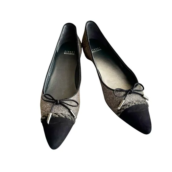 Stuart Weitzman Metallic Silver Ballet Flats Black Cap Toe Bow Detail Shoes