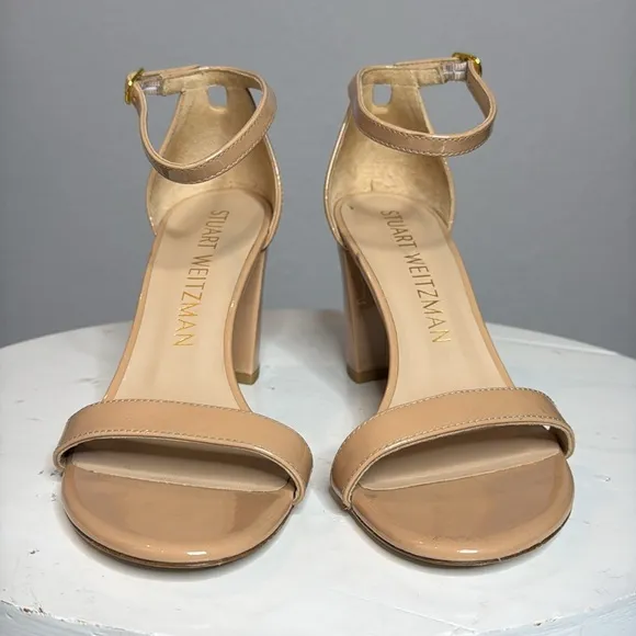 STUART WEITZMAN NUDISTCURVE 75 SQUARE TOE BLOCK HEELED SANDALS IN NUDE *NWT*