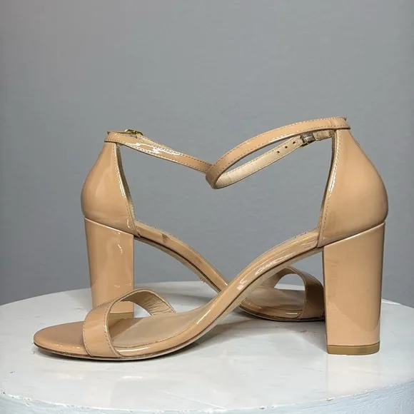 STUART WEITZMAN NUDISTCURVE 75 SQUARE TOE BLOCK HEELED SANDALS IN NUDE *NWT*