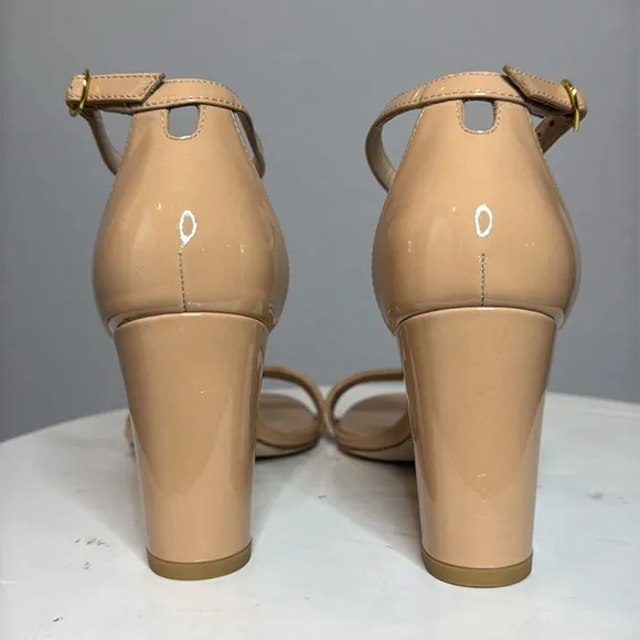 STUART WEITZMAN NUDISTCURVE 75 SQUARE TOE BLOCK HEELED SANDALS IN NUDE *NWT*