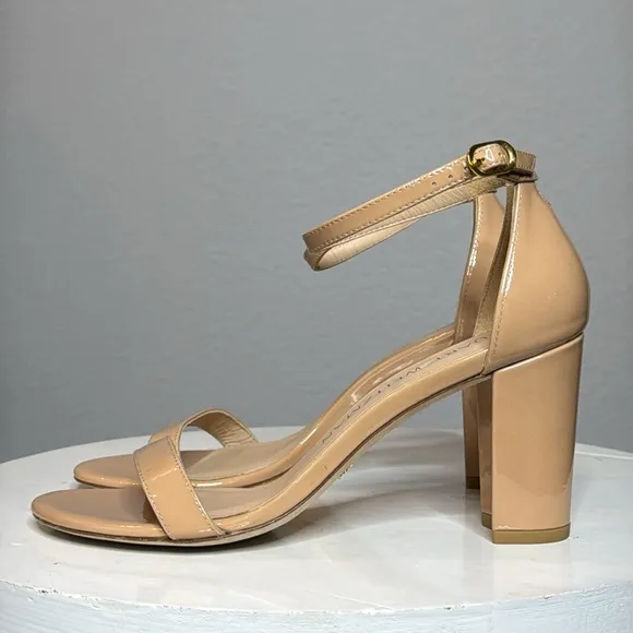 STUART WEITZMAN NUDISTCURVE 75 SQUARE TOE BLOCK HEELED SANDALS IN NUDE *NWT*