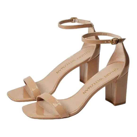 STUART WEITZMAN NUDISTCURVE 75 SQUARE TOE BLOCK HEELED SANDALS IN NUDE *NWT*