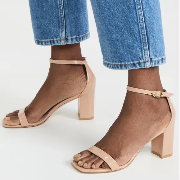 STUART WEITZMAN NUDISTCURVE 75 SQUARE TOE BLOCK HEELED SANDALS IN NUDE *NWT*