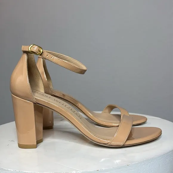 STUART WEITZMAN NUDISTCURVE 75 SQUARE TOE BLOCK HEELED SANDALS IN NUDE *NWT*