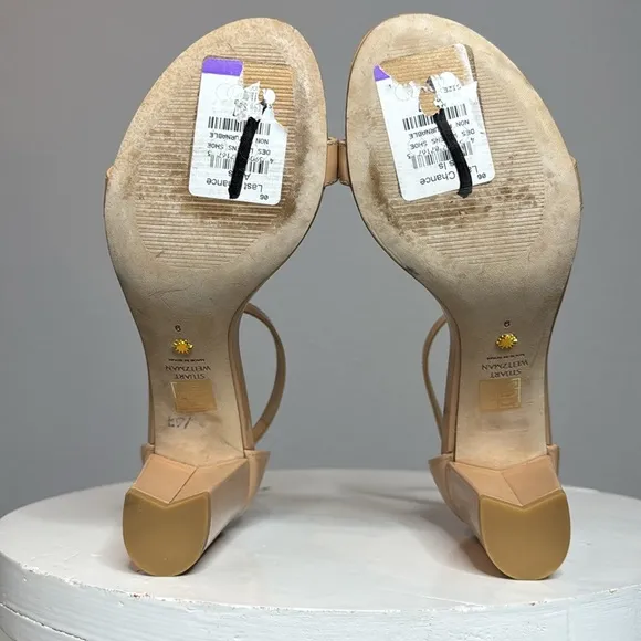 STUART WEITZMAN NUDISTCURVE 75 SQUARE TOE BLOCK HEELED SANDALS IN NUDE *NWT*
