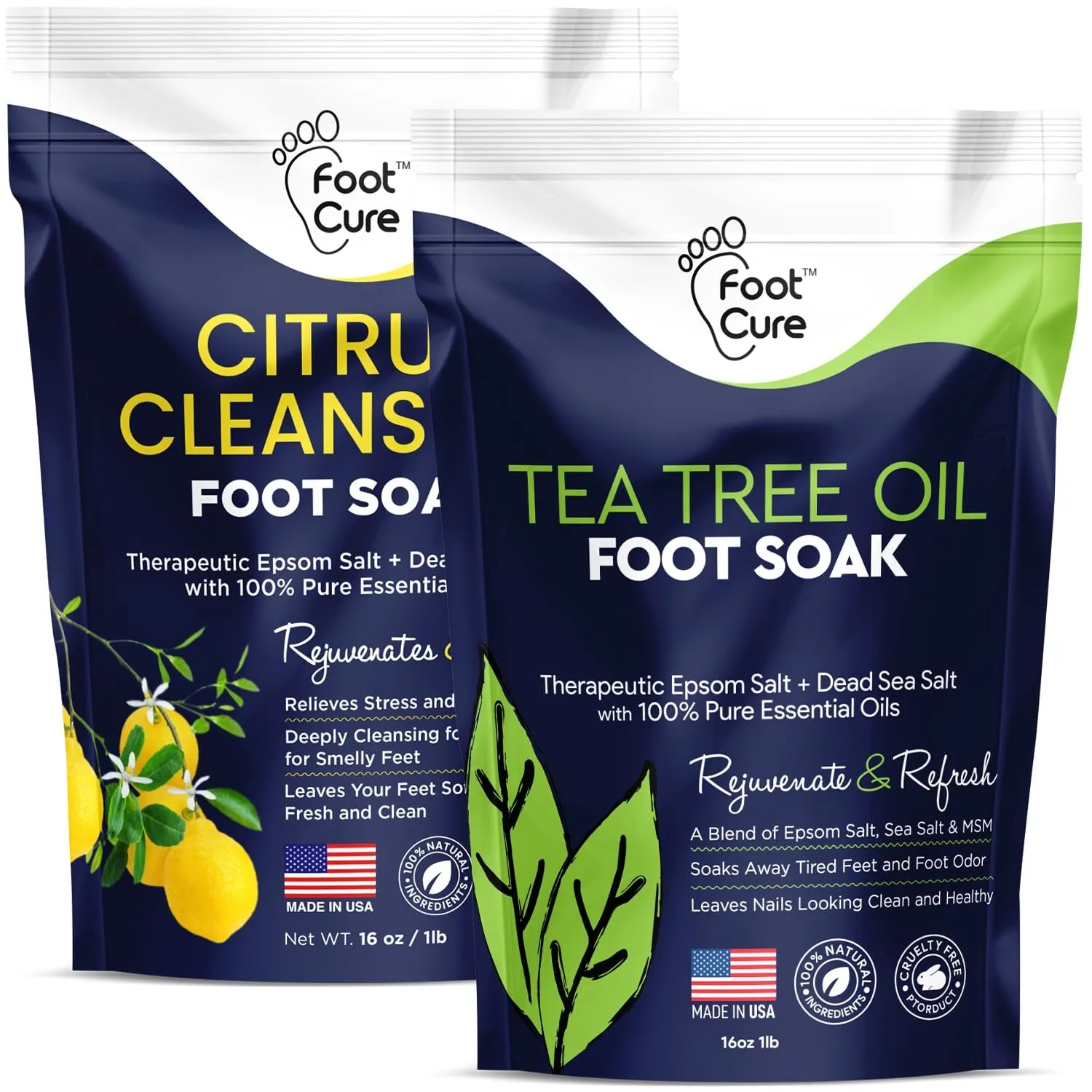Tea Tree Oil & Muscle Relief Foot Soak with Epsom Salts - All Natural Salts for Post Workout Recovery - Softens Calluses, Soothes Sore & Tired Feet, Foot Odor Scent, Spa Pedicure Made in USA Pack of 2