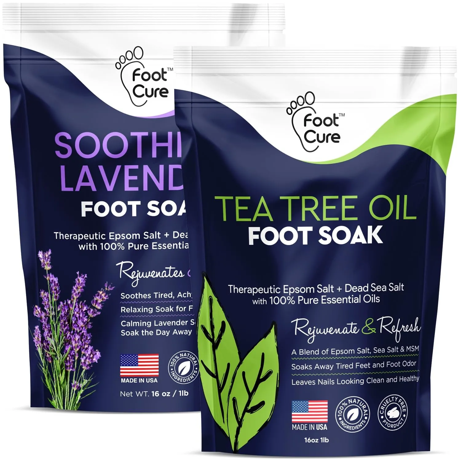 Tea Tree Oil & Muscle Relief Foot Soak with Epsom Salts - All Natural Salts for Post Workout Recovery - Softens Calluses, Soothes Sore & Tired Feet, Foot Odor Scent, Spa Pedicure Made in USA Pack of 2