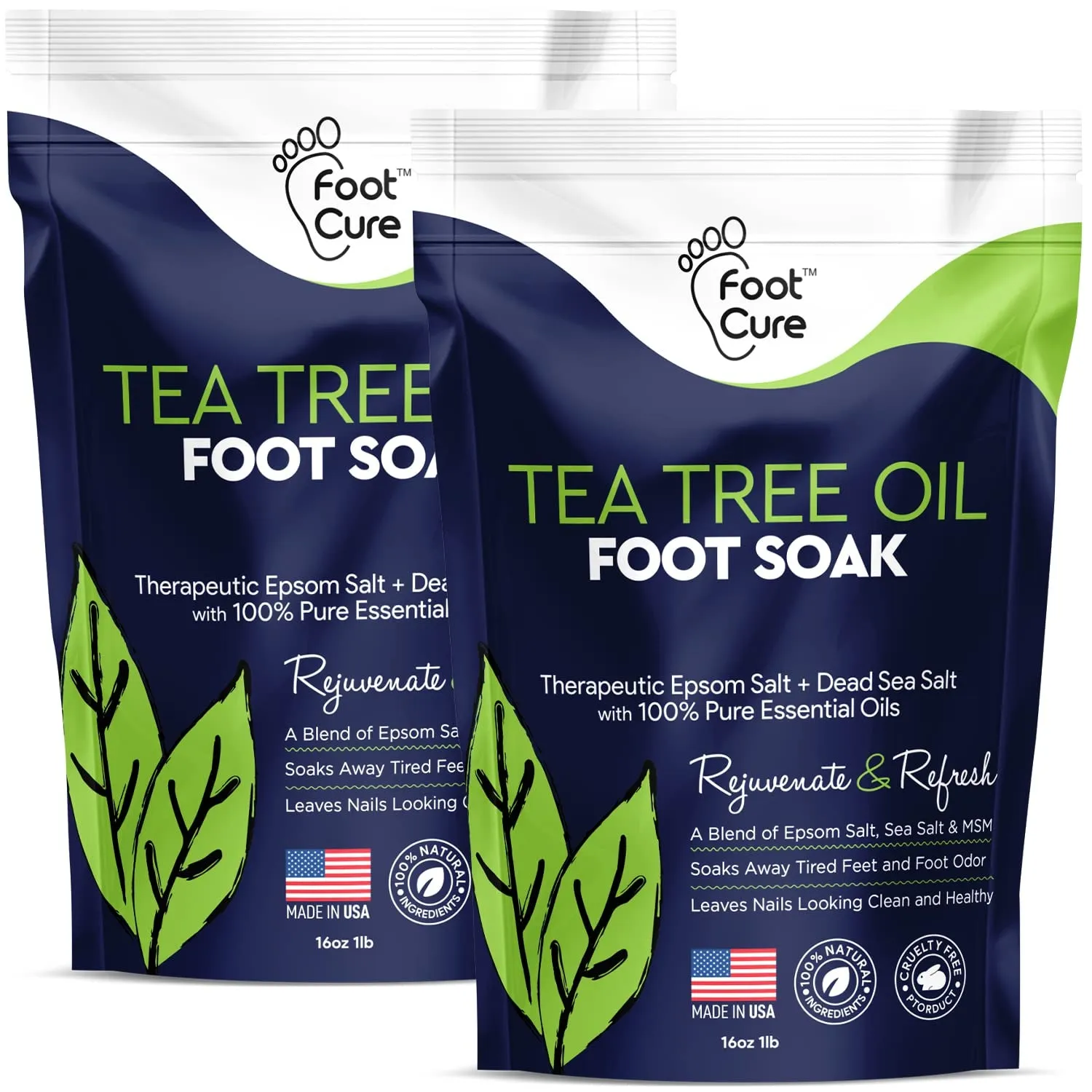 Tea Tree Oil & Muscle Relief Foot Soak with Epsom Salts - All Natural Salts for Post Workout Recovery - Softens Calluses, Soothes Sore & Tired Feet, Foot Odor Scent, Spa Pedicure Made in USA Pack of 2