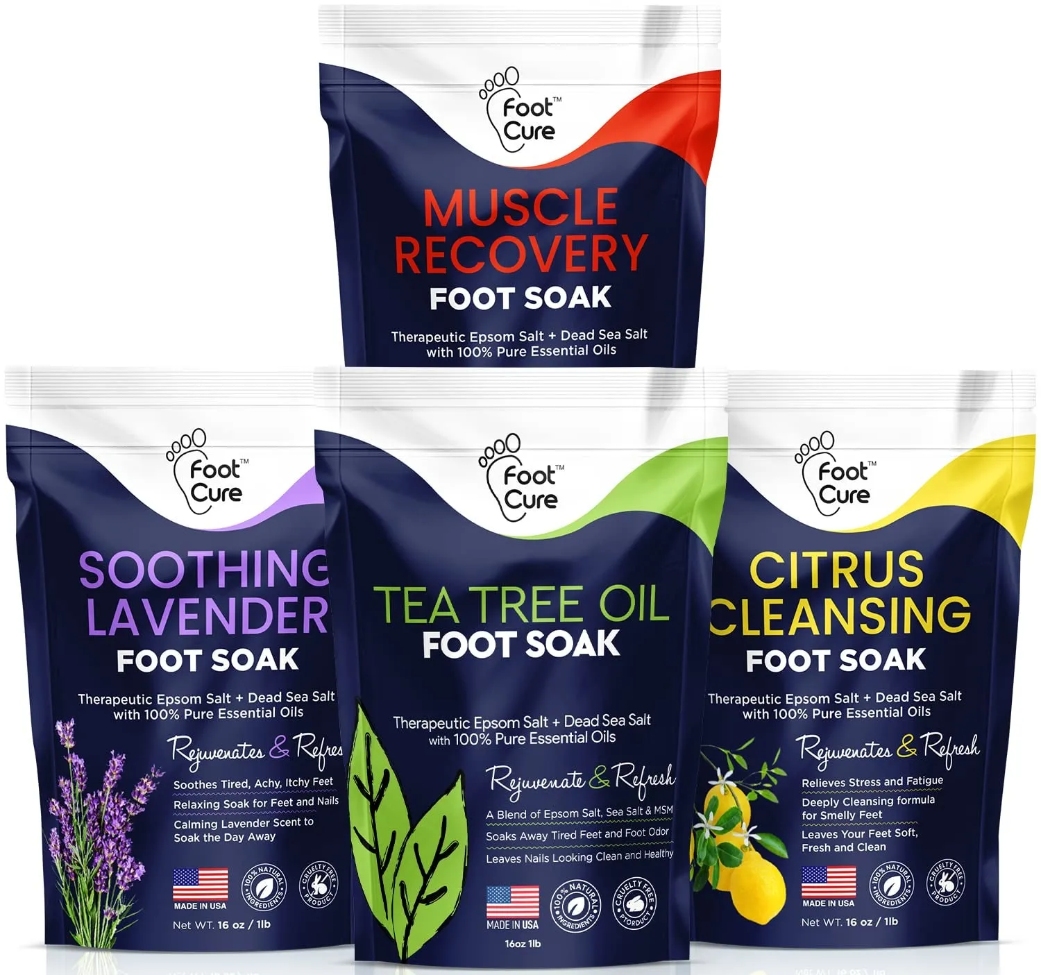Tea Tree Oil & Muscle Relief Foot Soak with Epsom Salts - All Natural Salts for Post Workout Recovery - Softens Calluses, Soothes Sore & Tired Feet, Foot Odor Scent, Spa Pedicure Made in USA Pack of 2