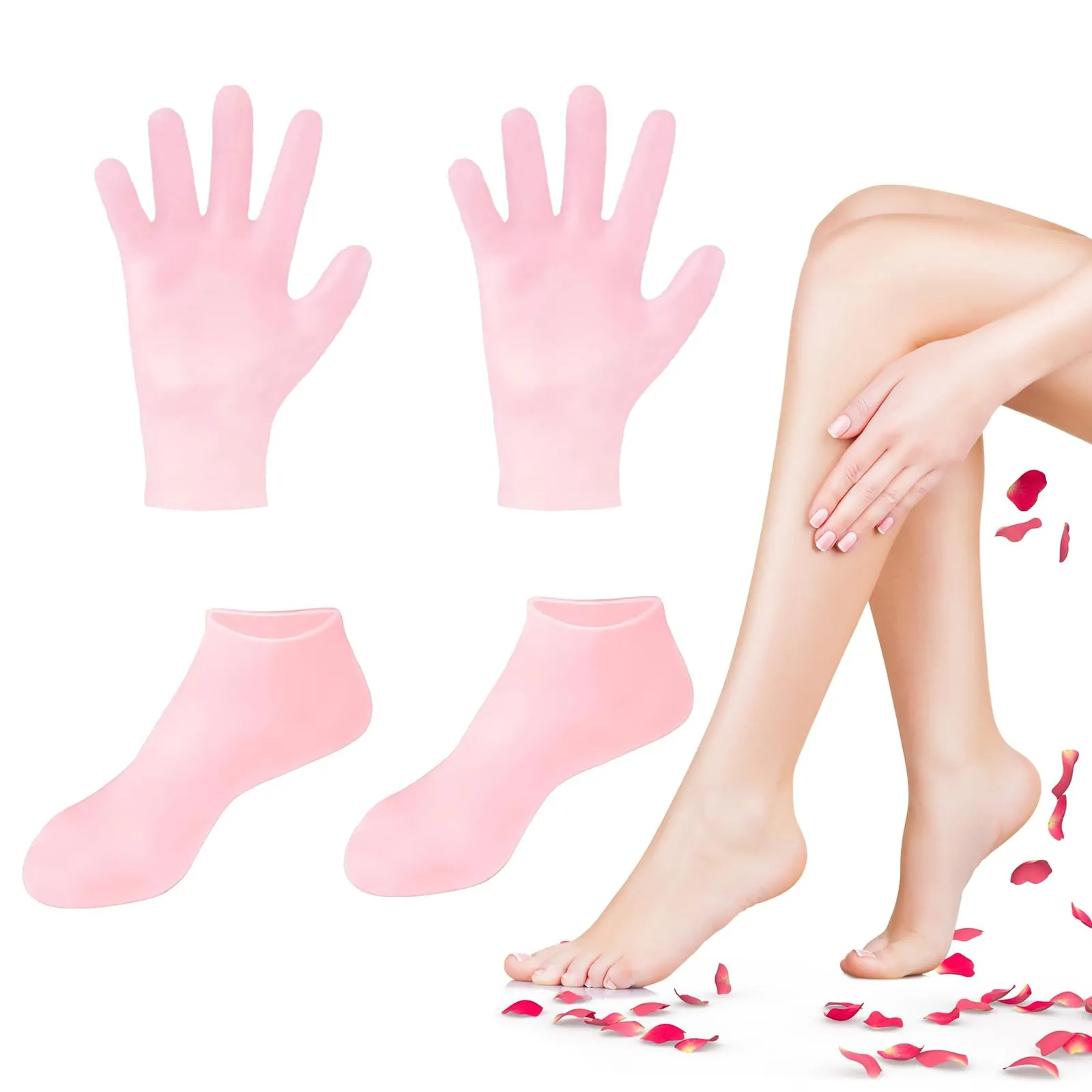 TEAWOO 2 Pairs Silicone Socks Gloves Set for Dry Cracked Feet Hands, Silicone Moisturizing Socks for Women, Hand Foot Care, Spa Gel Socks Gloves After Pedicure (Socks Fits Up to Size 10)