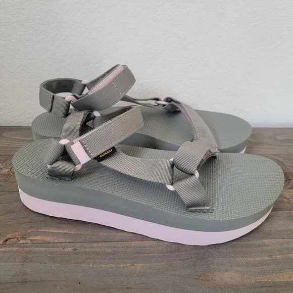 Teva Women Flatform Universal Sz 11 Grey Pink Strappy Sandals Hook and Loop NEW