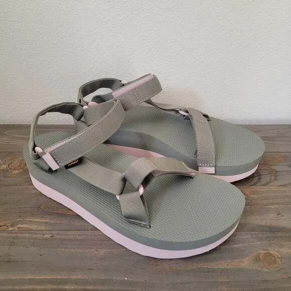 Teva Women Flatform Universal Sz 11 Grey Pink Strappy Sandals Hook and Loop NEW
