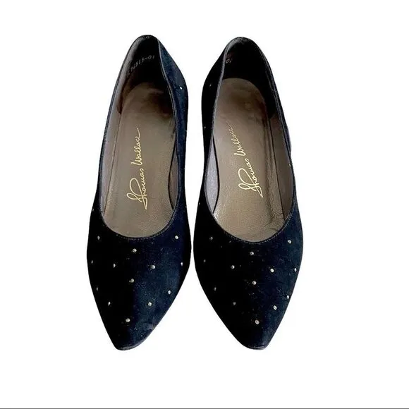 THOMAS WALLACE Vintage Black Suede Pointy Toe Pumps Heels With Stud Detail 9