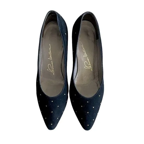 THOMAS WALLACE Vintage Black Suede Pointy Toe Pumps Heels With Stud Detail 9