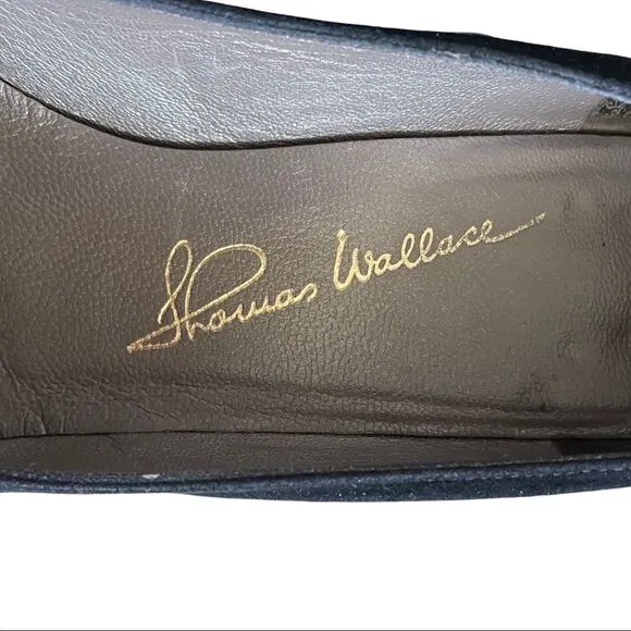 THOMAS WALLACE Vintage Black Suede Pointy Toe Pumps Heels With Stud Detail 9