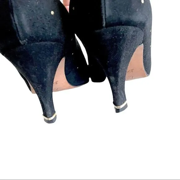 THOMAS WALLACE Vintage Black Suede Pointy Toe Pumps Heels With Stud Detail 9