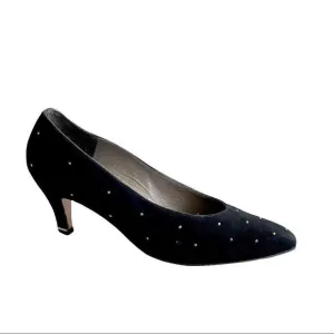 THOMAS WALLACE Vintage Black Suede Pointy Toe Pumps Heels With Stud Detail 9