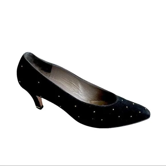 THOMAS WALLACE Vintage Black Suede Pointy Toe Pumps Heels With Stud Detail 9