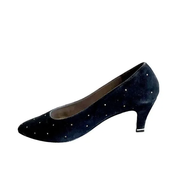 THOMAS WALLACE Vintage Black Suede Pointy Toe Pumps Heels With Stud Detail 9