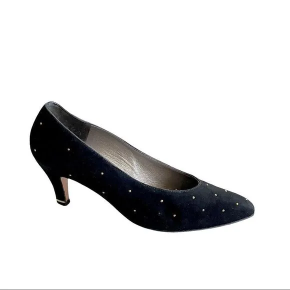 THOMAS WALLACE Vintage Black Suede Pointy Toe Pumps Heels With Stud Detail 9