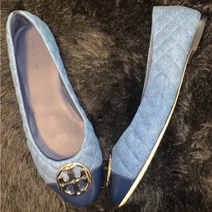 TORY BURCH CHELSEA QUILTED BALLET FLAT DENIM SHOES
