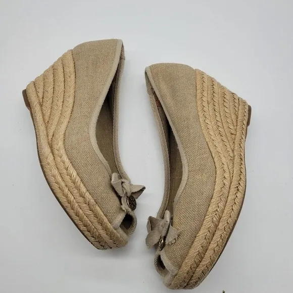 Tory Burch Jackie Wedge Shoes heels Women Sz 7.5 Linen Espadrille Shimmer tan