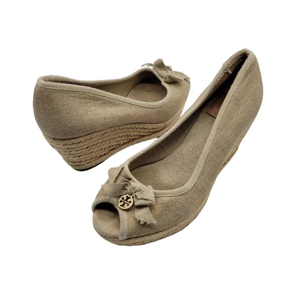 Tory Burch Jackie Wedge Shoes heels Women Sz 7.5 Linen Espadrille Shimmer tan