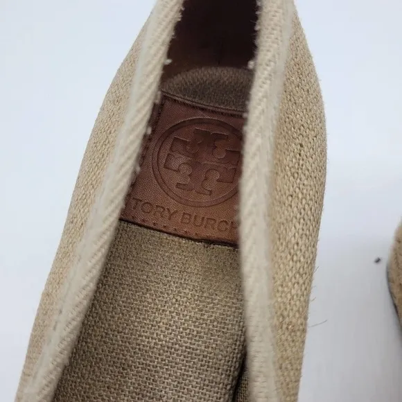 Tory Burch Jackie Wedge Shoes heels Women Sz 7.5 Linen Espadrille Shimmer tan