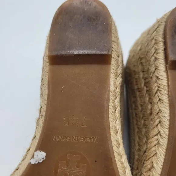 Tory Burch Jackie Wedge Shoes heels Women Sz 7.5 Linen Espadrille Shimmer tan