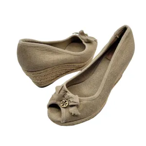 Tory Burch Jackie Wedge Shoes heels Women Sz 7.5 Linen Espadrille Shimmer tan