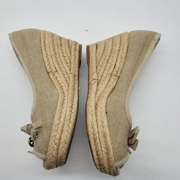 Tory Burch Jackie Wedge Shoes heels Women Sz 7.5 Linen Espadrille Shimmer tan