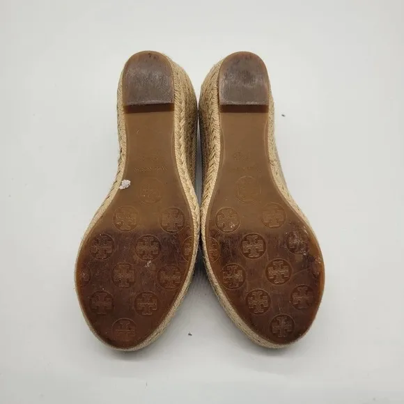 Tory Burch Jackie Wedge Shoes heels Women Sz 7.5 Linen Espadrille Shimmer tan