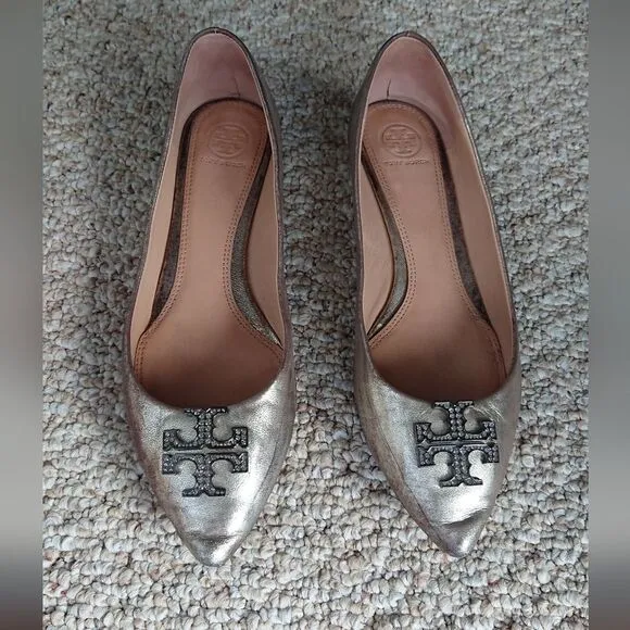 Tory Burch Metallic Leather Crystal Embellishments Ballet Flats size 9M