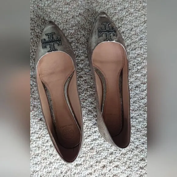 Tory Burch Metallic Leather Crystal Embellishments Ballet Flats size 9M