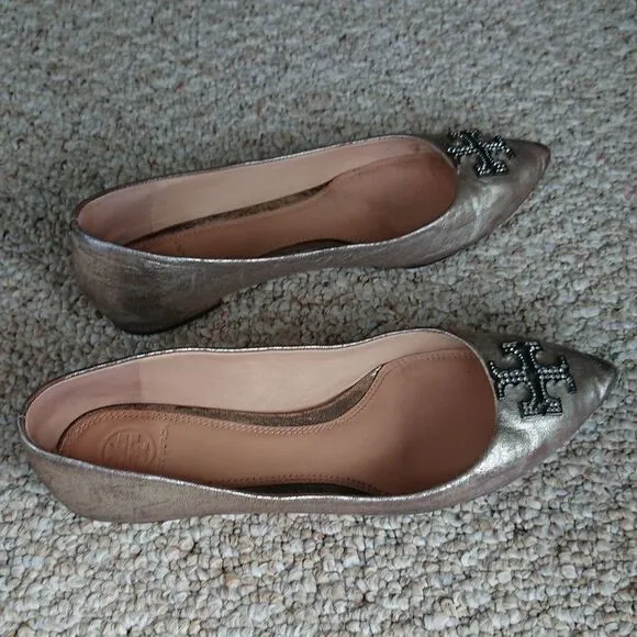 Tory Burch Metallic Leather Crystal Embellishments Ballet Flats size 9M