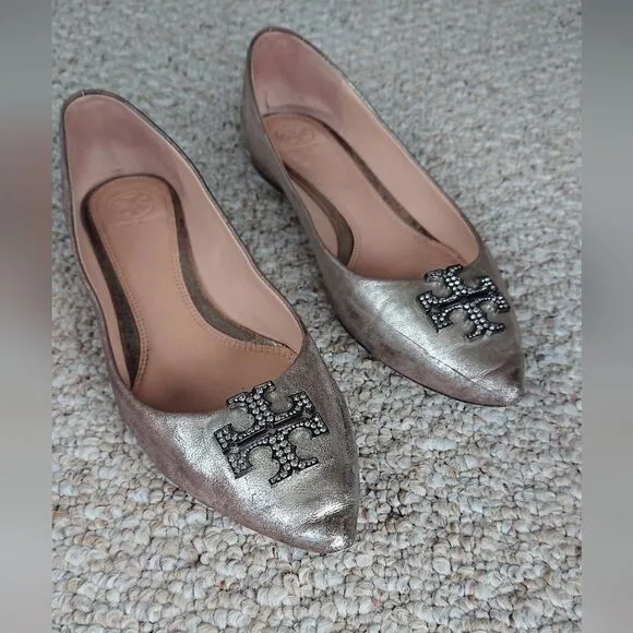 Tory Burch Metallic Leather Crystal Embellishments Ballet Flats size 9M