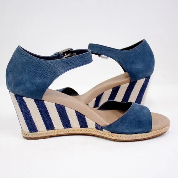 UGG Atasha Striped Blue Nubuck Leather Espadrille Wedge Sandals Nautical Size 10