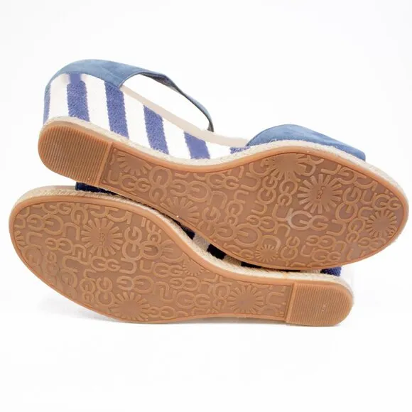 UGG Atasha Striped Blue Nubuck Leather Espadrille Wedge Sandals Nautical Size 10