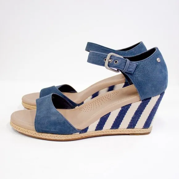UGG Atasha Striped Blue Nubuck Leather Espadrille Wedge Sandals Nautical Size 10