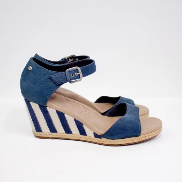 UGG Atasha Striped Blue Nubuck Leather Espadrille Wedge Sandals Nautical Size 10