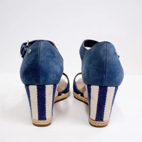 UGG Atasha Striped Blue Nubuck Leather Espadrille Wedge Sandals Nautical Size 10