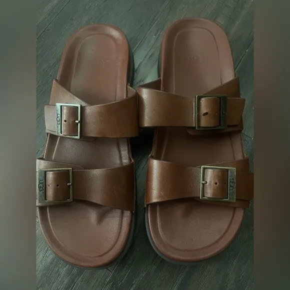 UGG Brown Leather Wainscott Buckle Slides Sandals with Metal Buckles