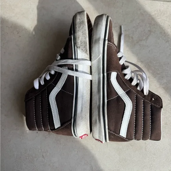 Vans Brown and White High-Top Sneakers with Signature Stripe