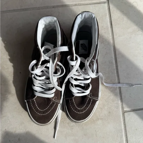 Vans Brown and White High-Top Sneakers with Signature Stripe