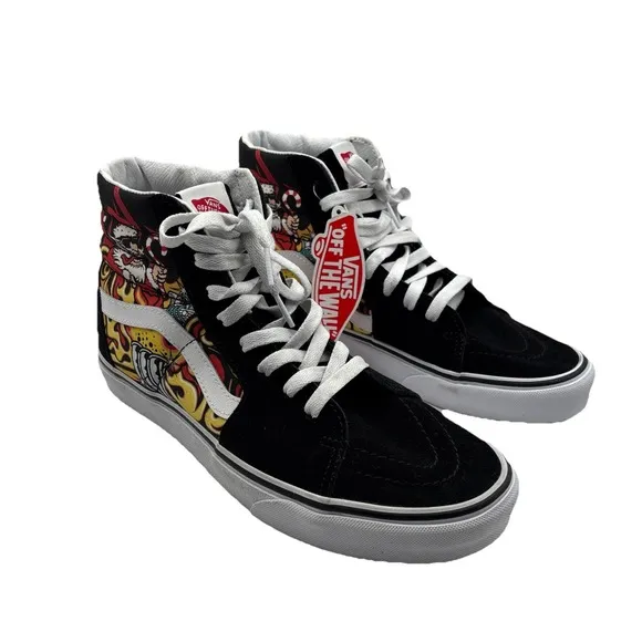 Vans Men's Sk8-Hi Santa Flame Black White Suede Canvas Skate shoes Size 9M