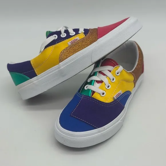 Vans Red and Blue Sneakers with Playful Patchwork Design